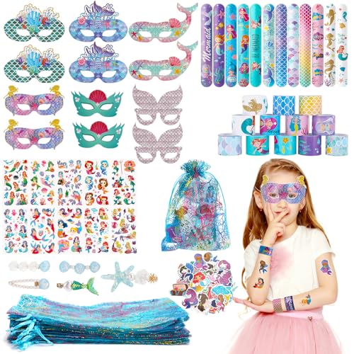 Kaisibum 111 Stück Meerjungfrau Party Mitgebsel Kindergeburtstag, Meerjungfrau Kindergeburtstag Set mit Meerjungfrauenmasken Haarnadel Slap Armbänder Tattoos Aufkleber für Kinder Mädchen von Kaisibum