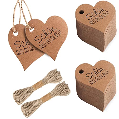 200 Stück Etiketten Anhänger Herz, Geschenkanhänger, Preisschilder, mit 20M Seil, für Valentinstag Geschenkanhänger, Hochzeit Geschenke, Basteln Deco (Braun) von Kaizuca