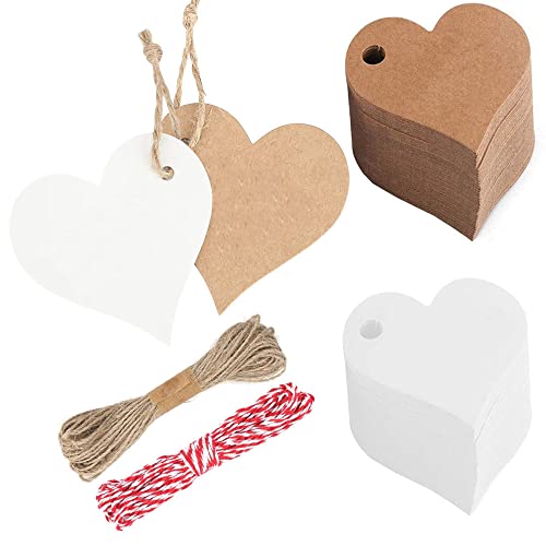 200 Stück Etiketten Anhänger Herz, Geschenkanhänger, Preisschilder, mit 20M Seil, für Valentinstag Geschenkanhänger, Hochzeit Geschenke, Basteln Deco (Weiße Und Braun) von Kaizuca