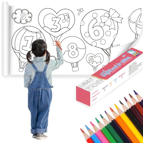 30CM * 3M Kinder Malrolle Ausmalen, DIY Ausmalrolle, Zeichenpapier Rolle, Selbstklebend, Schneidbare, mit 12 Buntstiften, für Jungen, Mädchen, Schule, Geburtstagsgeschenke (digitales Muster) von Kaizuca