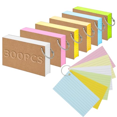 Kaizuca 300 Stücke 5 * 3 Inch Mehrfarben Karteikarten, Vokabelkarten Flashcards Lernkarten mit 6 Binderingen 12 Kraftpapier, für Büro Haus Schule Lernen (6 Farben) von Kaizuca