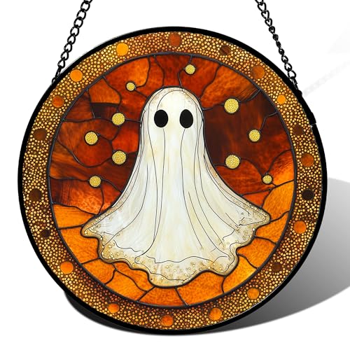 Halloween-Sonnenfänger aus Buntglas, 24,8 cm, weißer Geist mit orangefarbenen Akzenten, lustiger, gruseliger Fensteraufhängung für Türen, Garten, Innendekoration Halloween-Sonnenfänger aus Buntglas, 24,8 cm, weißer Geist mit orangefarbenen Akzenten, lustiger, gruseliger Fensteraufhängung für Türen, Garten, Innendekoration von Kajfjad