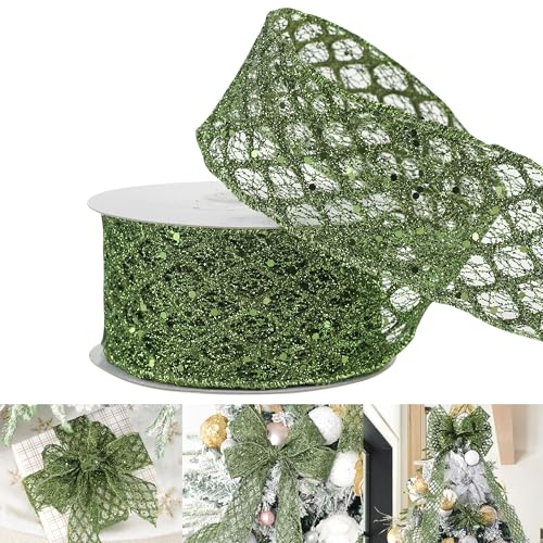 Moosgrünes Band, glitzernde Diamant-Randborte für Weihnachtsbaumdekoration, große Schleifen und festliche Akzente für Zuhause von Kajfjad