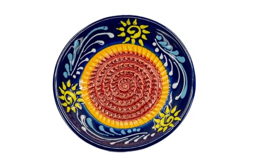 Kaladia - Keramik Reibeteller/Keramikhobel - ideal für Ingwer, Parmesan etc. - Motiv: Blau mit Sonne - Durchmesser: 12 cm - handgemacht & handbemalt - Made in Spain von Kaladia