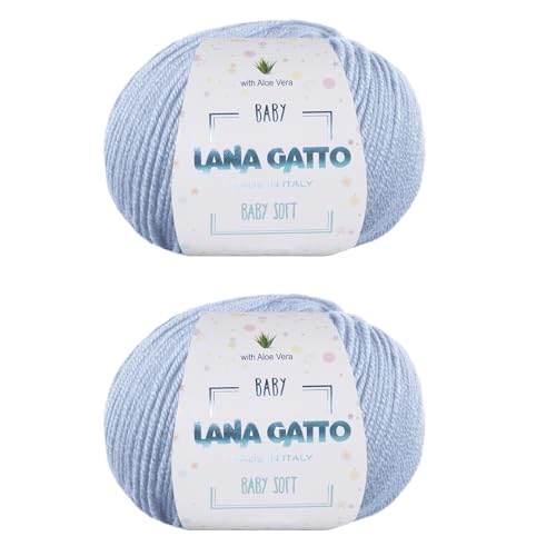 Strickgarn 100% reine Merino-Schurwolle Extra-Fine von Lana Gatto Made in Italy, Baby Soft Linie Kinder, Neugeborene mit Aloe Vera, hochwertiges Garn, 100 g. 340 mt, (Himmelblau - 12260, 2) von Kalapanta