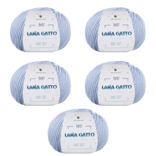 Strickgarn 100% reine Merino-Schurwolle Extra-Fine von Lana Gatto Made in Italy, Baby Soft Linie Kinder, Neugeborene mit Aloe Vera, hochwertiges Garn, 250 g. 850 mt, (Himmelblau - 12260, 5) von Kalapanta