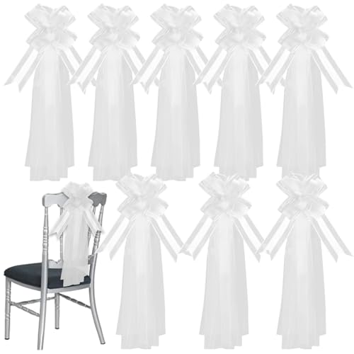 8pcs Hochzeitsgang Dekorationen, romantische Stuhl Bögen mit langen Tüllschwängung Autodekoration große Bögen für Braut Dusche Rezeption Geburtstag Jubiläum Pew Dekorationen für Hochzeiten von Kalastussaari
