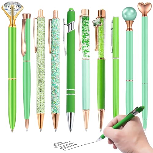 Kalastussaari 10pcs/Set -Kugelstifte, Crystal Glitter Green Stifte Edelstahl Kugelschreiber Diamant Stift Schwarze Tinte Hübliche niedliche Geschenke für Journaling Women School Office Green von Kalastussaari