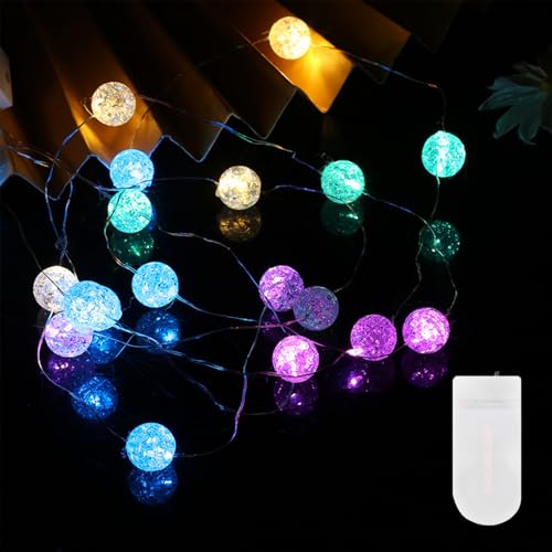 Kaleora LED Rissglaskugel Lichterkette, 2M 20 LED Kristall Kugeln Lichterkette mit 2 x CR2032 Batterie, Bunte Kristall Crackle Kugeln Lichterketten für Halloween Weihnachten Valentinstag Party Deko von Kaleora