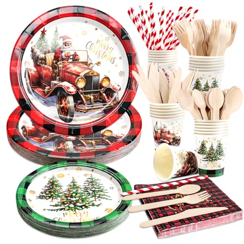 Kalolary Weihnachten Party Geschirr Set, Weihnachten Zubehör Deko Set mit Papptelle Pappbecher Servietten Xms Dekoration Tischgeschirrset (Rotes Auto und Grüner Baum) von Kalolary
