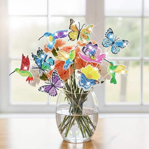 10 Stück Diamond Painting Schmetterling und Vögel Set, Diamant Painting Kinder Erwachsene Schmetterlinge Frühling Gartenstecker 3D Diamond Painting Basteln für Gartendekoration und Balkonen Dekoration von Kaluofan