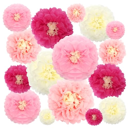 Kakuofan 16 Stk Pompons Deko,Papierblumen Rosa Deko,Papierblumen zum Aufhängen,Papier Pompons,Gartenparty Deko für Seidenpapier Garten Party Deko,Geburtstagsdeko Pastell Mädchen,Hochzeit,Babyparty von Kaluofan