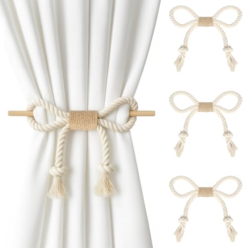 Kaluofan 4 Stück Vorhang Raffhalter, Boho Schleife Gardinenhalter, Vorhang Halter Beige, Raffhalter für Gardinen, Handgestrickte Gardinen Raffhalter Vorhang Seil für Schlafzimmer Office Wohnzimmer Kaluofan 4 Stück Vorhang Raffhalter, Boho Schleife Gardinenhalter, Vorhang Halter Beige, Raffhalter für Gardinen, Handgestrickte Gardinen Raffhalter Vorhang Seil für Schlafzimmer Office Wohnzimmer von Kaluofan