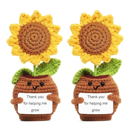 Kaluofan Häkelblumen, 2 Stück, Dankeschön für Helping Me Grow, handgefertigte positive Häkel-Sonnenblume, Lehrer-Wertschätzungsgeschenke, Dankeschön-Geschenk, emotionale Unterstützung, Häkeln von Kaluofan