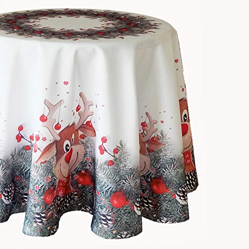 KAMACA Tischdecke mit hochwertigem Druck-Motiv Küche Esstisch Eyecatcher Herbst Winter Weihnachten (Elch mit roter Nase 130 rund) von KAMACA