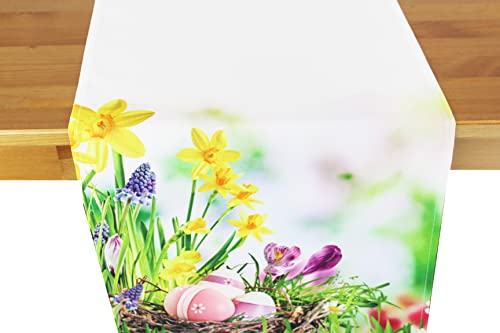 KAMACA Tischläufer Frühling Ostern Blumen Hasen Dekor Osterhasen Ostereier Bunt Waschbar Fleckschutz Küche Esstisch Tisch Dekoration (40x160 Frühlingserwachen) von KAMACA