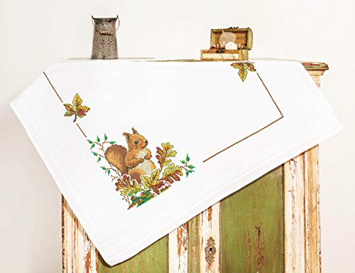 KAMACA Stickpackung Kreuzstich vorgezeichnet Baumwolle komplettes Stickset mit Stickvorlage Stickerei-Kit zum Selbersticken Erwachsene (Eichhörnchen MD 80x80 cm) von KAMACA