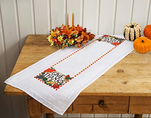 KAMACA Stickpackung Tischdecke ERNTEDANK Kreuzstich vorgezeichnet aus Baumwolle Stickset mit Stickvorlage (Tischläufer 40x100 cm) von KAMACA