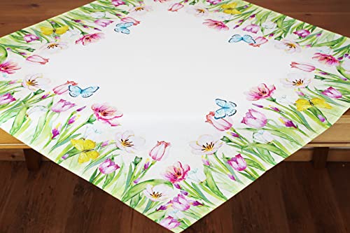 KAMACA Tischdecke Blumenwiese hochwertiges Druck-Motiv mit wundervollen Tulpen - EIN Schmuckstück auf jedem Tisch in Frühling Sommer (Mitteldecke 85x85 cm Tulpenpracht) von KAMACA