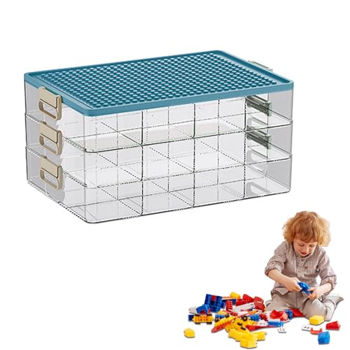 Aufbewahrungsbox mit Deckel für Lego,3 Ebenen Transparente Sortierbox für Lego,Sortierboxen Spielzeug Bausteine Aufbewahrung mit Fächern,Clear Storage Box,Plastik Stapelbar Box mit Griff (Blau) von Kamanan