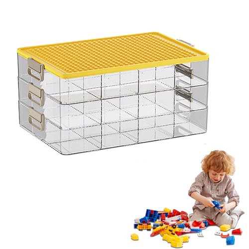 Aufbewahrungsbox mit Deckel für Lego,3 Ebenen Transparente Sortierbox für Lego,Sortierboxen Spielzeug Bausteine Aufbewahrung mit Fächern,Clear Storage Box,Plastik Stapelbar Box mit Griff (Gelb) von Kamanan