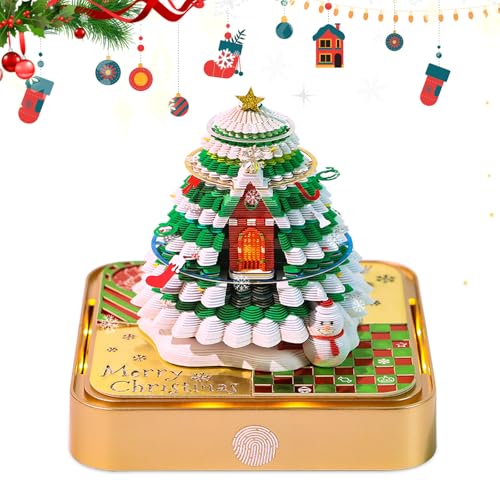 Kamanan Kalender Notizblock 2025, 3D Notizblock-Kalender Schreibtischkalender mit Lichtern,Weihnachtsbaum-Kalender，3D Notizblock Papier Schnitzen Geschenk mit glasklarem Anzeigebox (Gold-Basis) von Kamanan