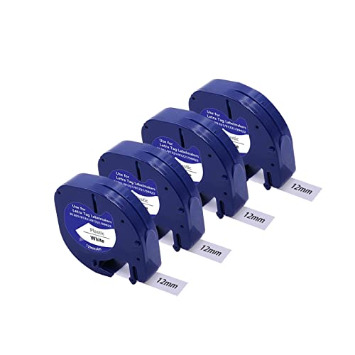 Kamo Schriftbänder 4er-Pack kompatibel Dymo LetraTag Schriftband 91201 91221 (12mm x 4m) Schwarz auf Weiß, für Beschriftungsgerät LT-100H, LT-100H Plus, LT-100T, LT-100T Plus, XM, XR, 2000, QX50, 200B von kamo