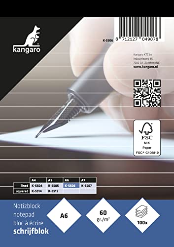 Kangaro Notizblock A6 liniert 60grs 100 Blatt, K-5506, Weiss, 10.5x14.8x0.9 Kangaro Notizblock A6 liniert 60grs 100 Blatt, K-5506, Weiss, 10.5x14.8x0.9 von Kangaro