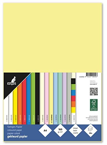 Kangaro - Tonpapier Pastell Gelb DIN A4-160g/m² FSC mix – 50 pack - Briefpapier Bastelpapier DIY von Kangaro