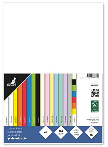 Kangaro - Tonpapier Weiß DIN A4-160g/m² FSC mix – 50 pack - Briefpapier Bastelpapier DIY von Kangaro