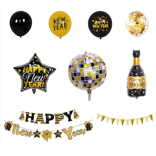 Schwarz Golden 2024 Folienballon Happy New Year Banner Bierflasche Latex Folienballon Weihnachtsdeko für Home Party Bierflasche Ballon für Party von Kaohxzklcn