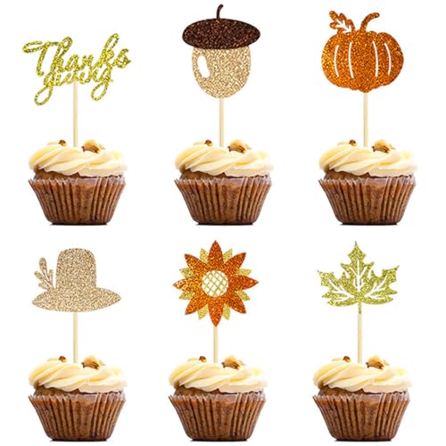 Festive Cupcake-Topper, Blätter, Glitzer, Cartoon-Motiv für Hut, niedlicher Kürbis, Ahorn, 24 Stück von Kapmore