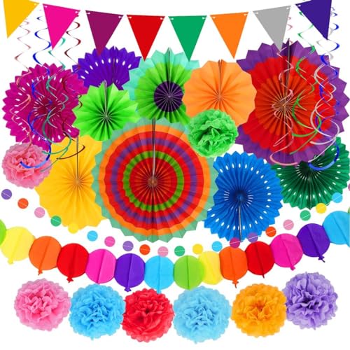 Kapmore 33-teiliges Fiesta-Party-Dekorationsset, einschließlich Papierfächer, Papier-Pompons, Banner, Spiralschlangen, mexikanische Party-Konfetti-Fächer, Blumen-Kit für Fiesta, Cinco de Mayo, von Kapmore