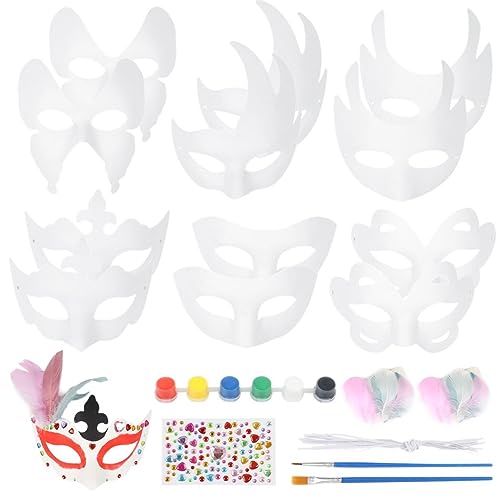 Kapmore DIY Blanko Maske Set - 12 unlackierte weiße Papiermasken mit Acrylfarben, Edelsteinen, Federn, Malpinseln, halbe Gesichtsmasken für Maskerade, Karneval, Halloween von Kapmore