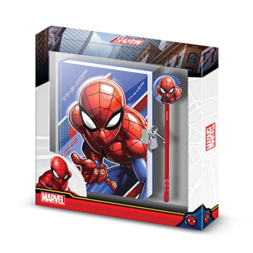 Spiderman Skew-Geschenkbox mit Vorhängeschloss-Kalender und Fashion-Kugelschreiber, Blau von Karactermania