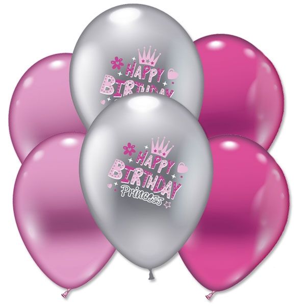 Happy Birthday Prinzessin Luftballons, 6 Stk, pink & silber, Ø 30cm von Karaloon