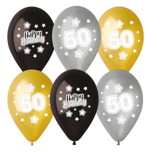 6 Luftballons bunt sortiert bedruckt mit 50 Happy Birthday, 28-30 cm/11 inch von Karaloon