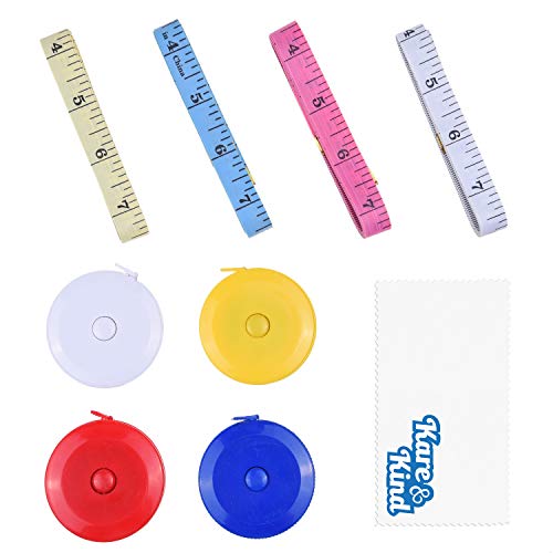 Kare & Kind Bandmaßset - 4x einziehbares (Druckknopf) Mini-Bandmaß (Blau/Rot/Gelb/Weiß) - 4x Körpermaßband aus weichem Vinyl (Zufallsfarben) - Nähen, Basteln, Stoff, Taille, Körpermaß von Kare & Kind
