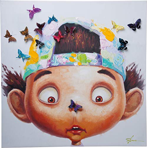Kare Design Bild Touched Boy with Butterflies, Mehrfarbig, Leinwandbild, Canvas, Tannenholz Rahmen, Acrylfarbe, handgemalte Details, 100x100x4 cm (H/B/T) von Kare