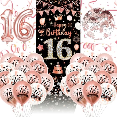 16 Geburtstag Deko, 16ter Geburtstag Mädchen, Schwarz Rosegold Konfetti Luftballons 16 Geburtstag 16 Happy Birthday Banner für Party Deko von Kareeran