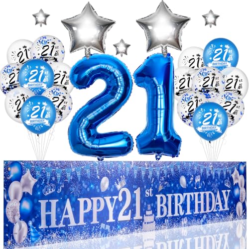 18 Geburtstag Deko Junge Mädchen, Extra Lange Happy Birthday Banner(45 * 250 cm) Girlande Wimpel Blau Silber 18 Geburtstag Dekoration Konfetti Luftballons für Jungen Party Deko (21st) von Kareeran