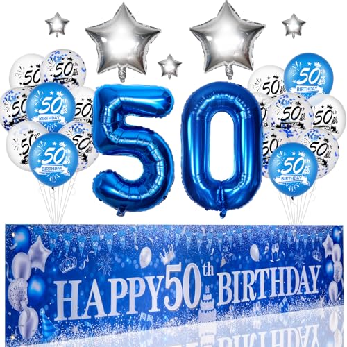 18 Geburtstag Deko Junge Mädchen, Extra Lange Happy Birthday Banner(45 * 250 cm) Girlande Wimpel Blau Silber 18 Geburtstag Dekoration Konfetti Luftballons für Jungen Party Deko (50th) von Kareeran