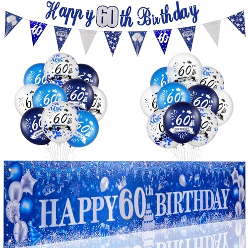 60 Geburtstag Deko Junge Mädchen, Extra Lange Happy Birthday Banner Girlande Wimpel Blau Silber Geburtstag Dekoration Konfetti Luftballons für Jungen Party Deko von Kareeran