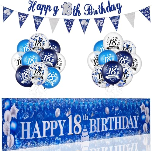 18 Geburtstag Deko Blau Silber, Deko 18. Geburtstag Jungen Mädchen 18. Geburtstag Banner Ballons Party Deko 18 Geburtstag Mädchen Lange Girlande Banner und Banner Hintergrund von Kareeran