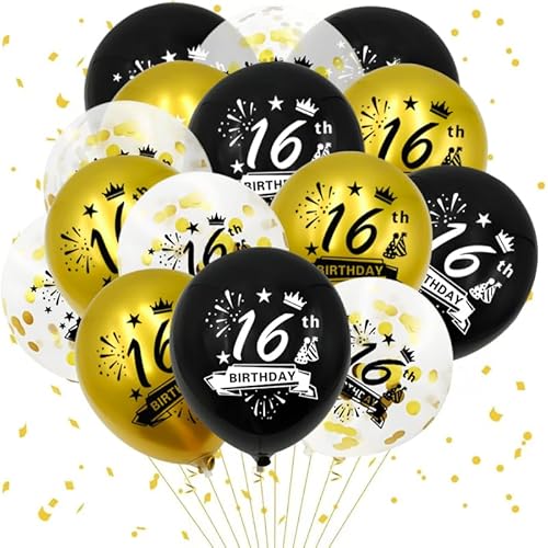 Luftballons 16. Geburtstag, 18 Stück Schwarz Gold 16 Geburtstag Deko Happy Birthday Luftballon 16, Deco Anniversaire 16 Latex Konfetti Bänder Dekorations Luftballons für Party Tisch von Kareeran