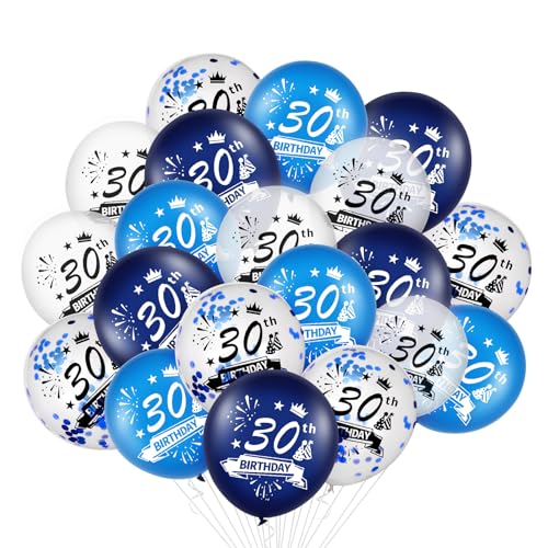 20 Stück Luftballons 30. Geburtstag, Blau 30 Geburtstag Deko Happy Birthday Luftballon 30 Latex Konfetti Bänder Dekorations für Party Tisch von Kareeran