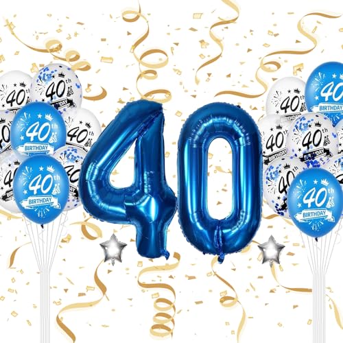 Luftballon 40. Geburtstag, 40 Zoll Blaue Zahl 40 Luftballon, 18 Stück Happy Birthday Latexballons Blau Groß Nummer 40 Folienballon für Jungen Mädchen Babydusche 40. Geburtstag Party Deko von Kareeran