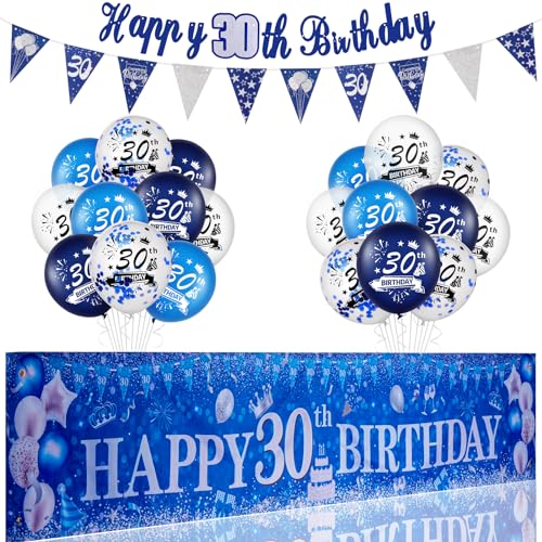 30 Geburtstag Deko Junge Mädchen, Blau Silber Deko 30. Geburtstag Junge, 20 Stück Luftballons 30 Geburtstag+Happy Birthday Banner+Girlande Wimpel für Party von Kareeran