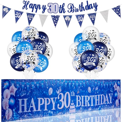 30er Geburtstag Mann Deko, Blau Silber 30 Happy Birthday Banner luftballon 30 Geburtstag Mann Deko 30. Geburtstag Wimpel Girlande Ballons Party Deko für Männer Frauen von Kareeran