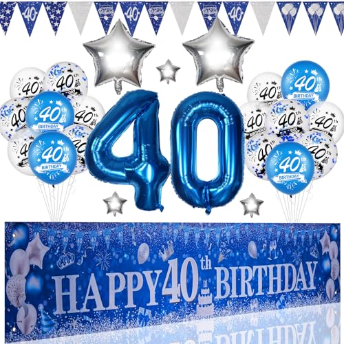 40 Geburtstag Deko Junge Mädchen, Extra Lange Happy Birthday Banner Girlande Wimpel Blau Silber 40 Geburtstag Dekoration Konfetti Luftballons für Jungen Party Deko von Kareeran